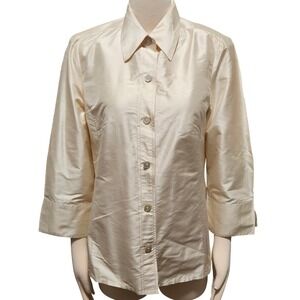 NINA MCLEMORE Silk Button Up Shirt 3/4 Sleeve Cream Classic Luxury Top Size 12